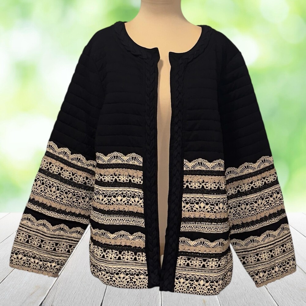 COLDWATER CREEK Quilted Jacket Boho Lace Braid Trim Open Front Black Tan Plus 1X